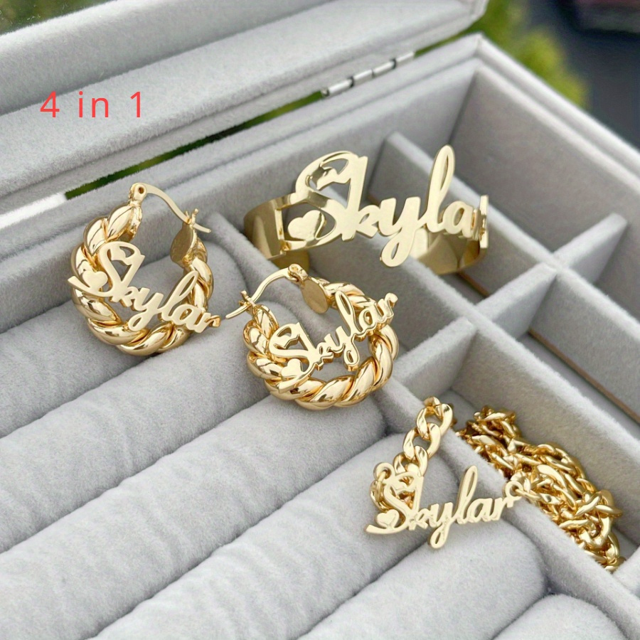TEMU Set Of 4pcs Including Stainless Steel Earrings, A Bracelet, And A Necklace. Features A Necklace With An English Name And A Personalized Name