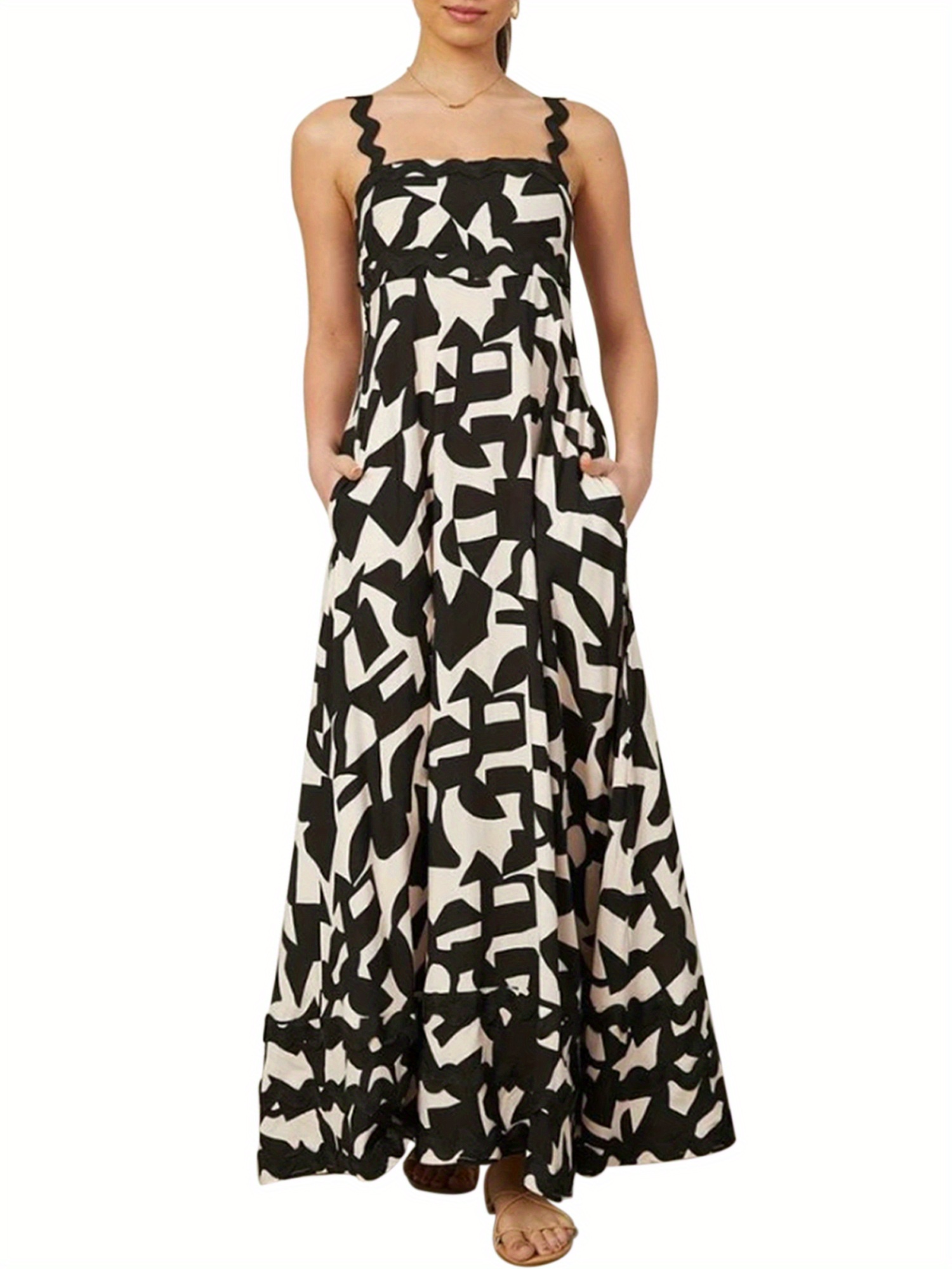 womens flowy sleeveless maxi dress wavy trim black white - Temu