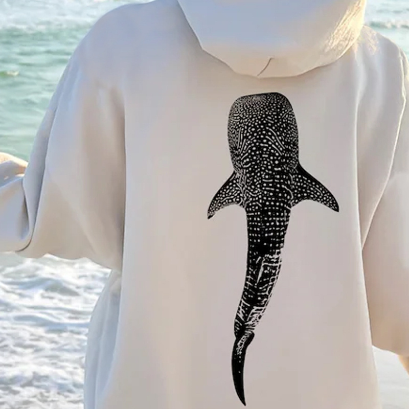 

Fish Pattern Print Kangaroo Pocket Hoodie, Casual Long Sleeve Drawstring Hooded Sweatshirt, Women's Clothing