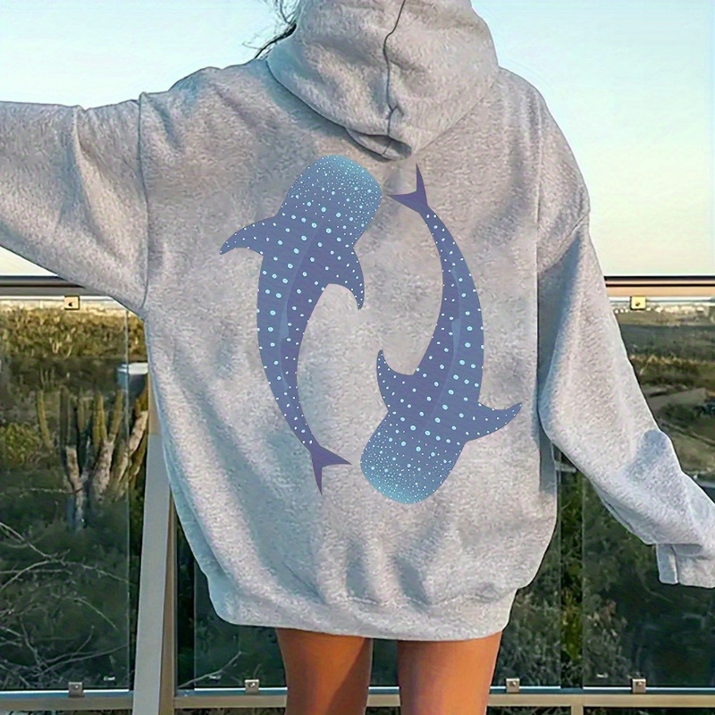 

Ocean Life Print Drawstring Hoodie, Casual Long Sleeve Hooded Sweatshirt With Kangaroo Pocket For Fall & Winter, Women's Clothing