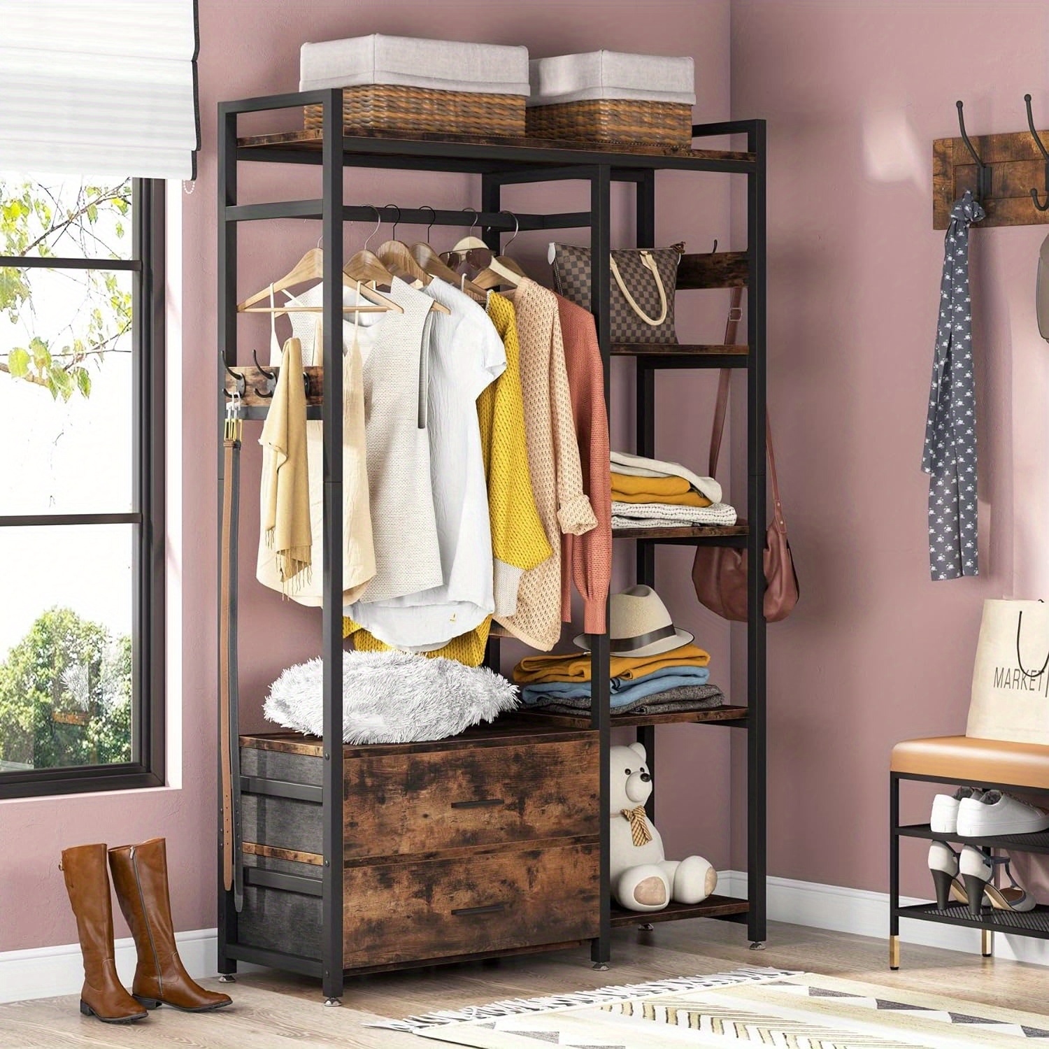 clothes rack freestanding closet organizer drawers shelves Temu