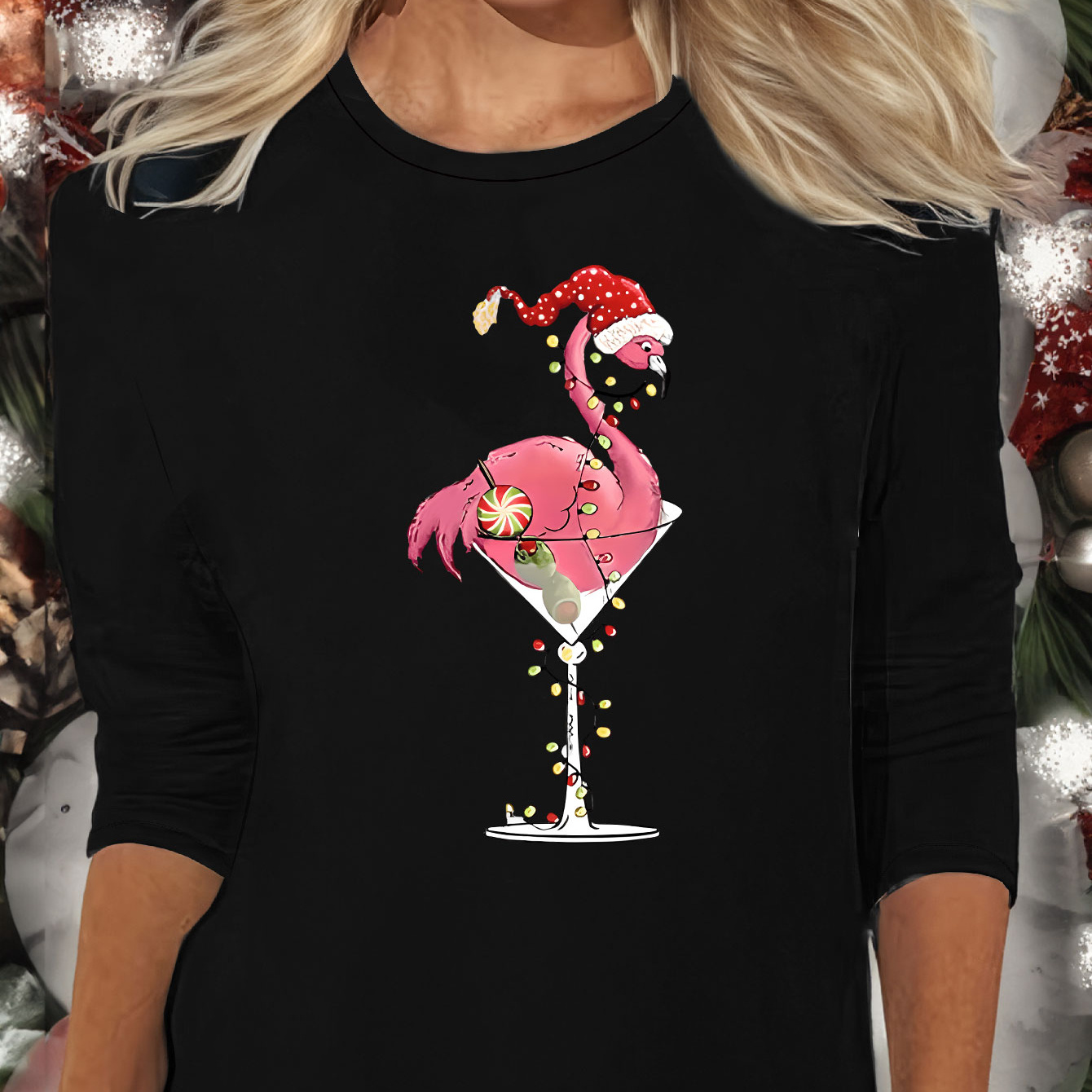 

Cartoon Flamingo With Christmas Hat & Fairy Lights Print Lounge Tops For Fall, Casual Long Sleeve Medium Stretch T-shirt, Women's Loungewear For Christmas