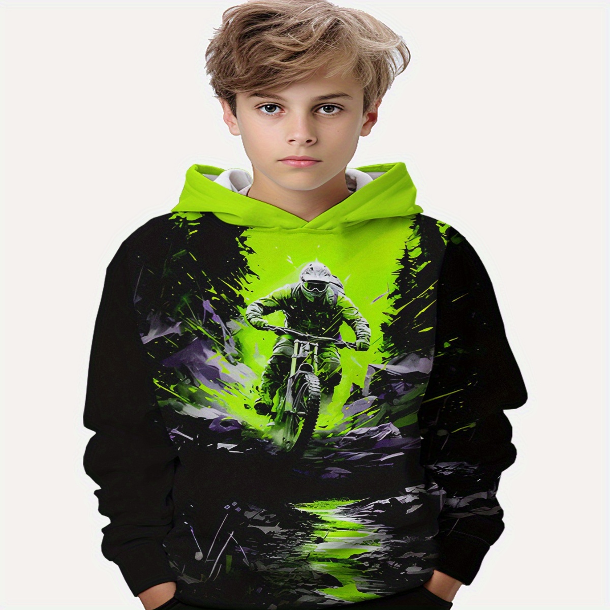 

Boys Casual Mountain Bike 3d Print Hooded Sweatshirt, Soft And Breathable Polyester Fabric, Suitable For Spring/autumn Wear