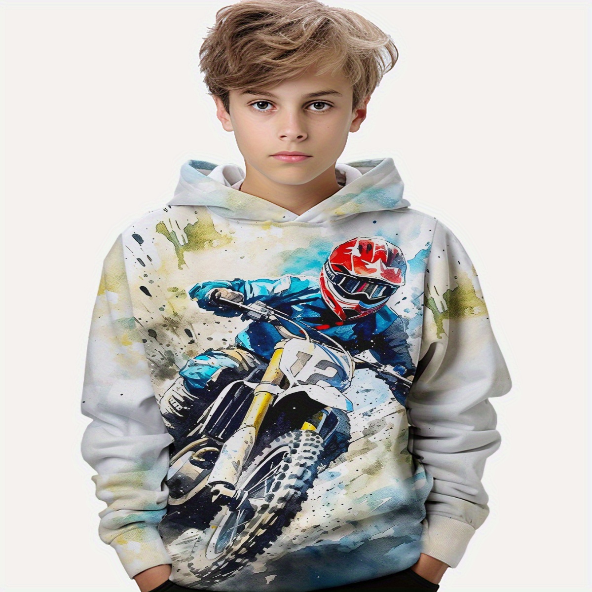 

Splash Ink Motorcycle Rider 3d Print Boys Long Sleeve Hoodie, Stay Stylish And Cozy Sweatshirt - Perfect Spring Fall Essential For Your Fashionista!