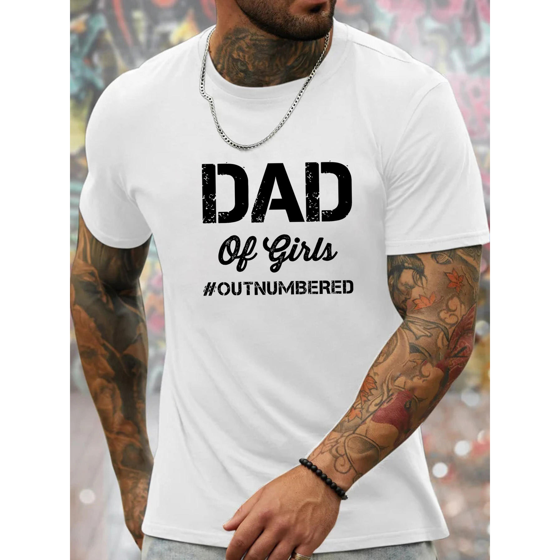 

Dad Of Girls Print, Men's Trendy Crew Neck Short Sleeves T-shirt, Casual Comfy Top For Summer