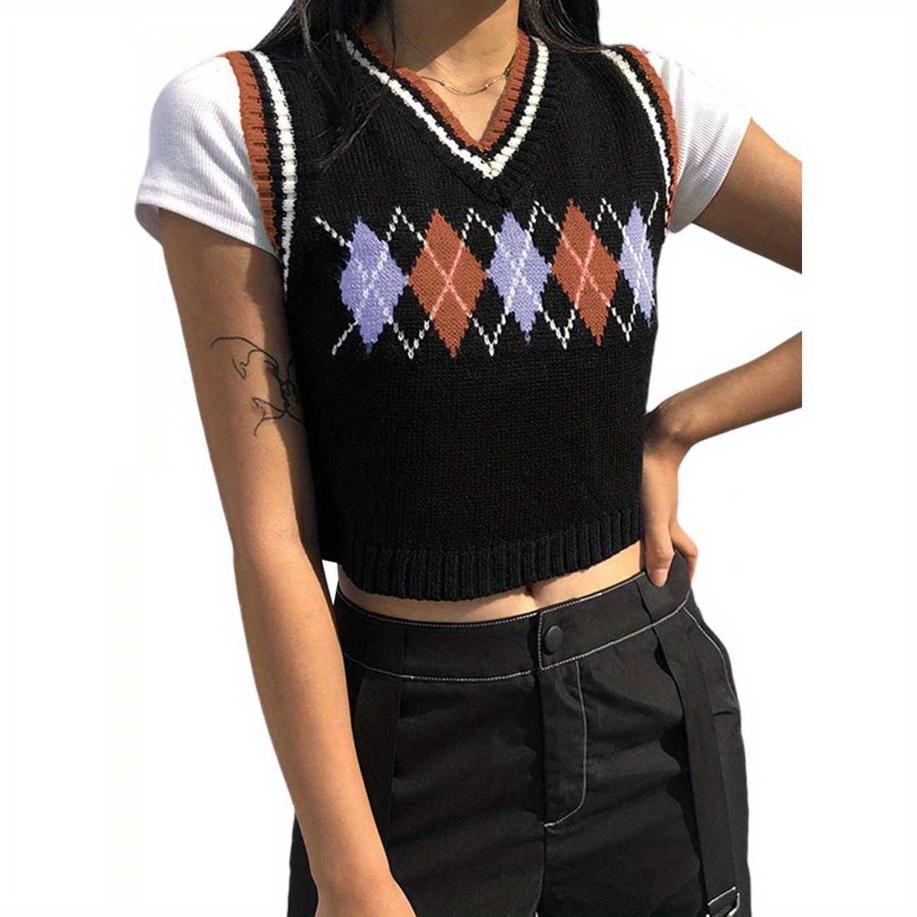 

Argyle Pattern V Neck Knitted Vest, Casual Sleeveless Cropped Vest, Women's Clothing