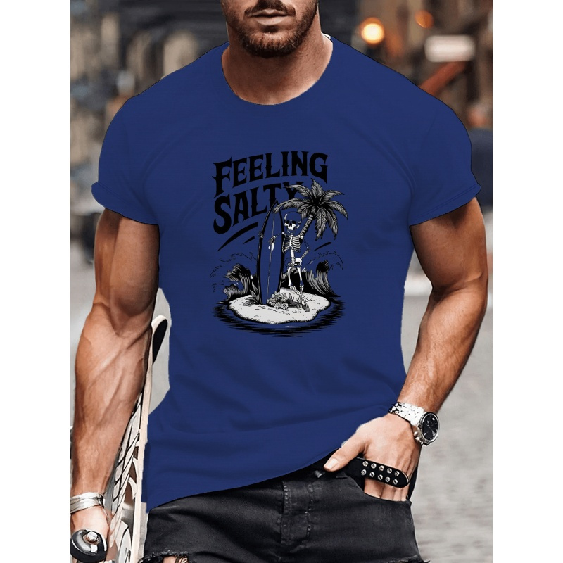 

Skeleton And Surfboard Print Tee Shirt, Men's Fashion Comfy Round Neck Short Sleeve T-shirt, Summer Casual Top