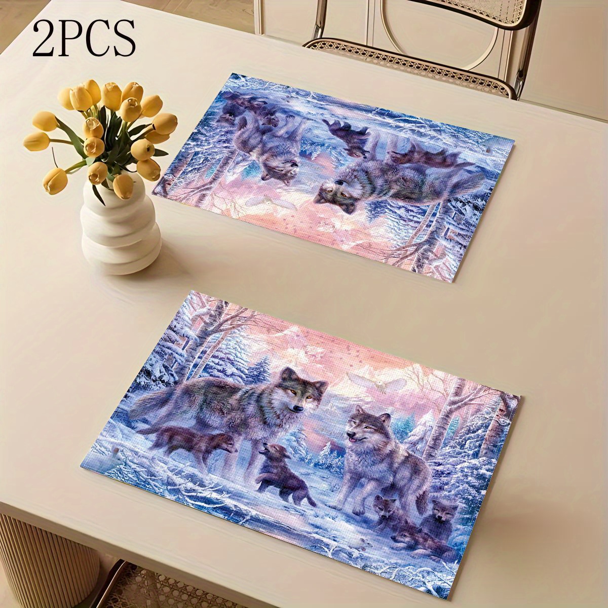 

2/4/6pcs Woven Polyester Place Mats With Forest Wolf Print, Rectangular Table Mats For Dining, Heat-resistant Cup Mat, Festive Atmosphere Table Decor For Home And Kitchen, Hand Wash Only