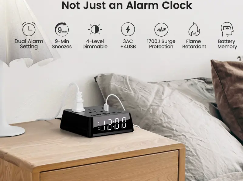digital alarm clock with 3 usb charger desk charging station 3 ac outlets 6 5ft cord power strip protector 1700j lcd alarm setting for bedroom dorm room details 0