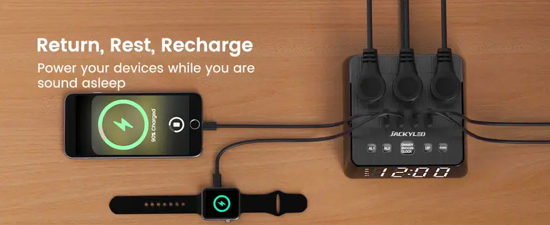 digital alarm clock with 3 usb charger desk charging station 3 ac outlets 6 5ft cord power strip protector 1700j lcd alarm setting for bedroom dorm room details 3