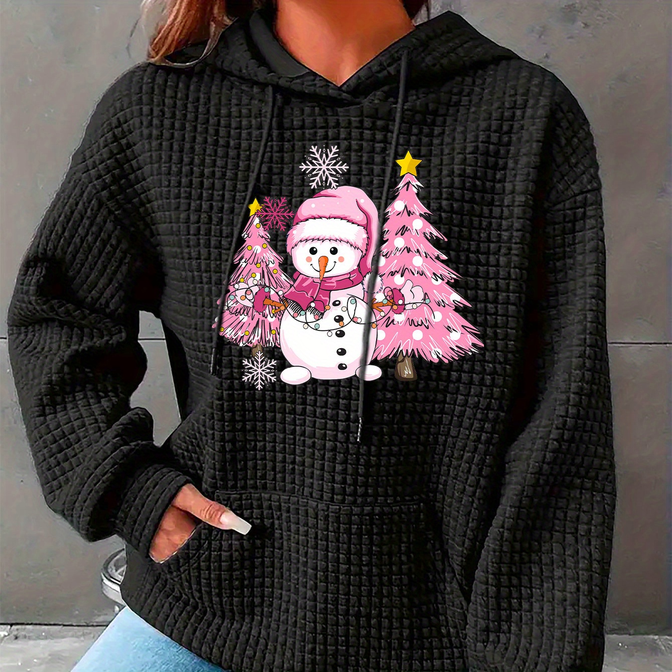 

Casual Christmas Tree & Snowman Print Waffle Lounge Top For Fall & Winter, Long Sleeve Hooded Drawstring Pullover Sweatshirt With Kangaroo Pockets, Women's Loungewear For Christmas