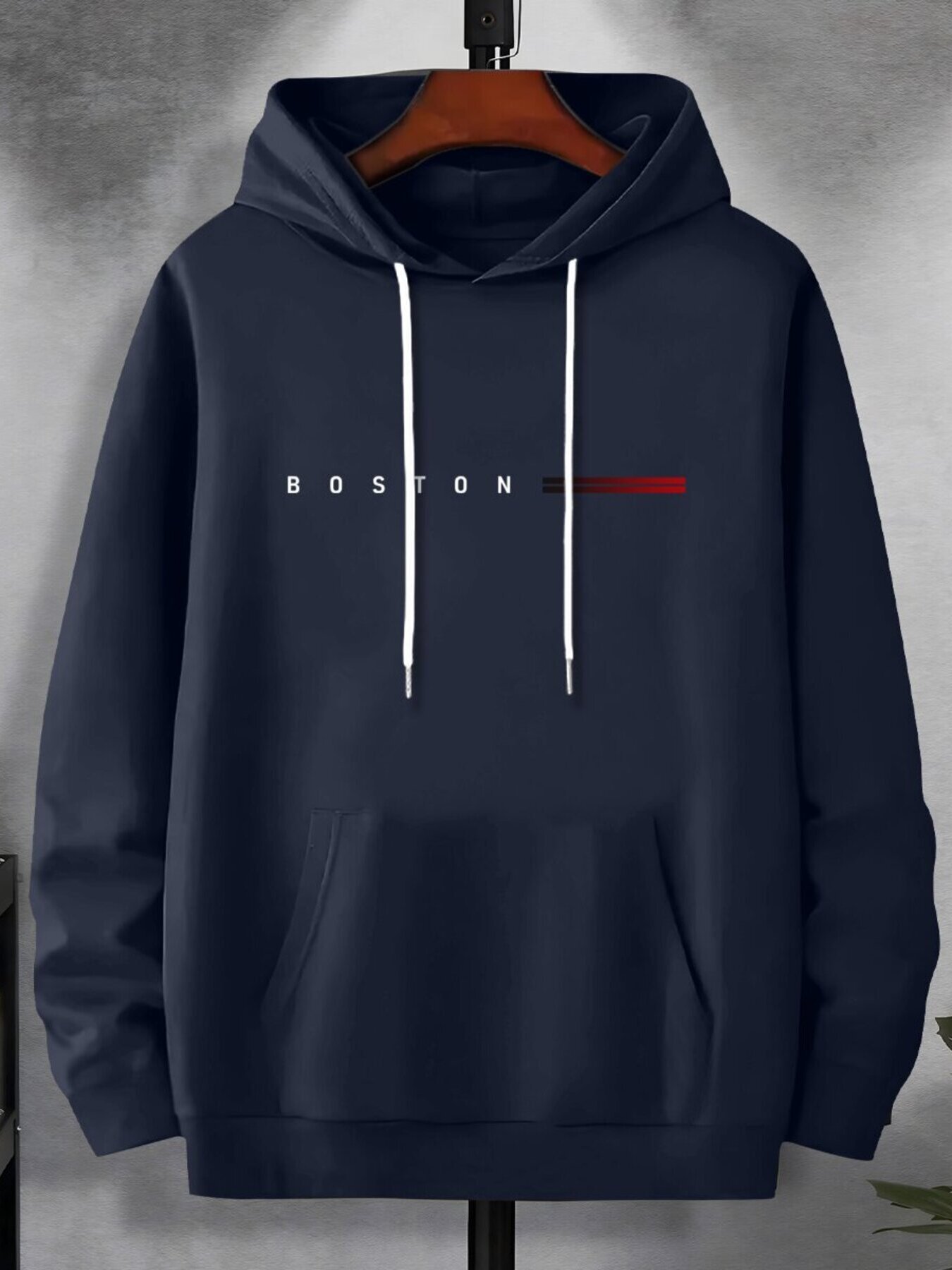 Boston baskı büyük beden erkekler için rahat ve şık cepli kapüşonlu sweatshirt, sonbahar kış için rahat ve çok yönlü üst