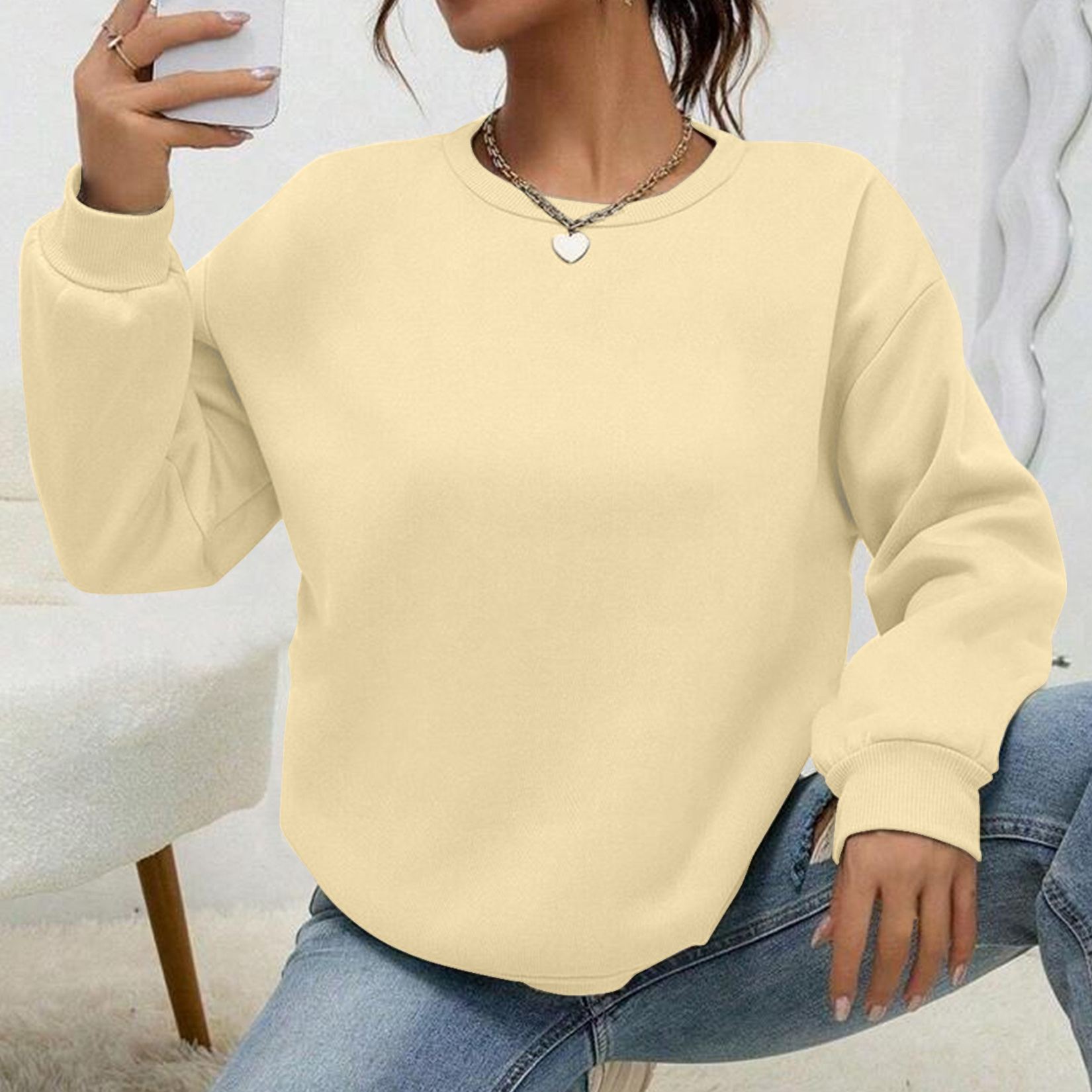 

Solid Color Sweatshirt, Crew Neck Casual Long Sleeve Sweatshirt, Women's Clothing