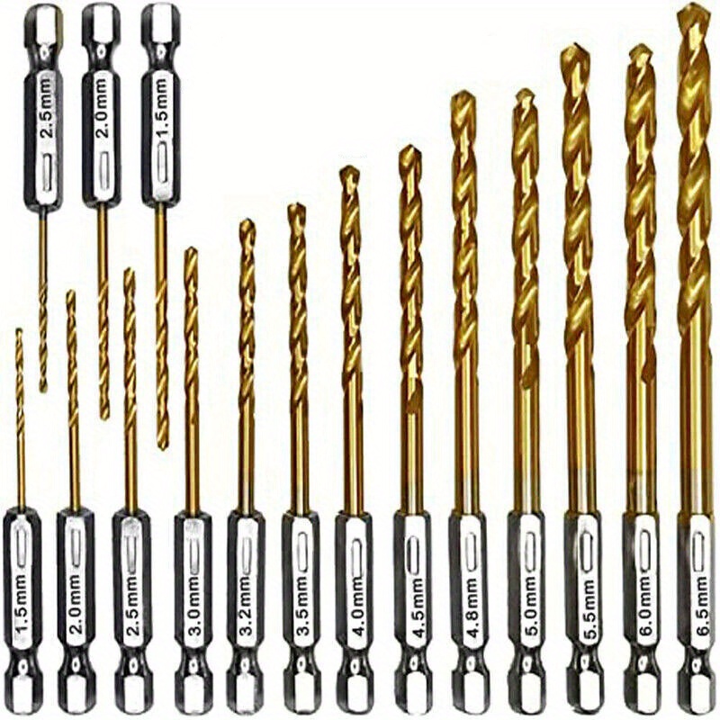 16pcs Titanium Twist Drill Bit Set - Hex Shank High For Wood Plastic Aluminum Alloy, Quick Change, 1/16"-1/4"