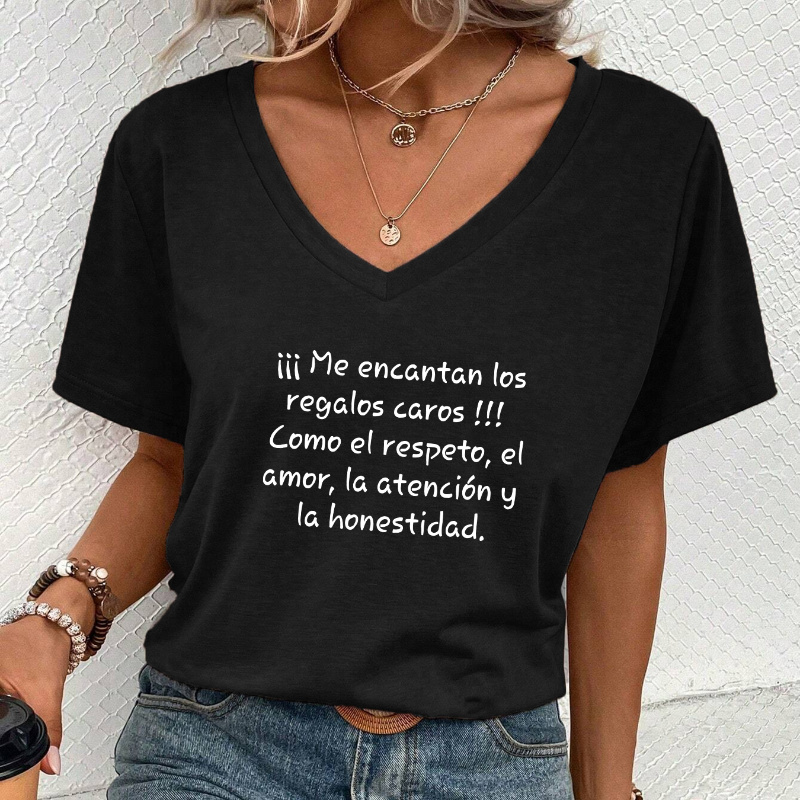 

Spanish Letter Print T-shirt, Short Sleeve V Neck Casual Top For Summer & Spring, Women's Clothing