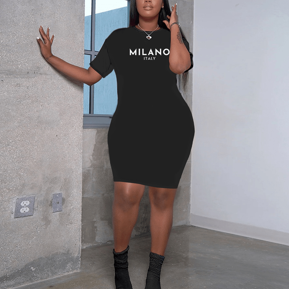 

Plus Size Milano Print T-shirt Dress, Casual Crew Neck Short Sleeve Dress For Spring & Summer, Women's Plus Size Clothing