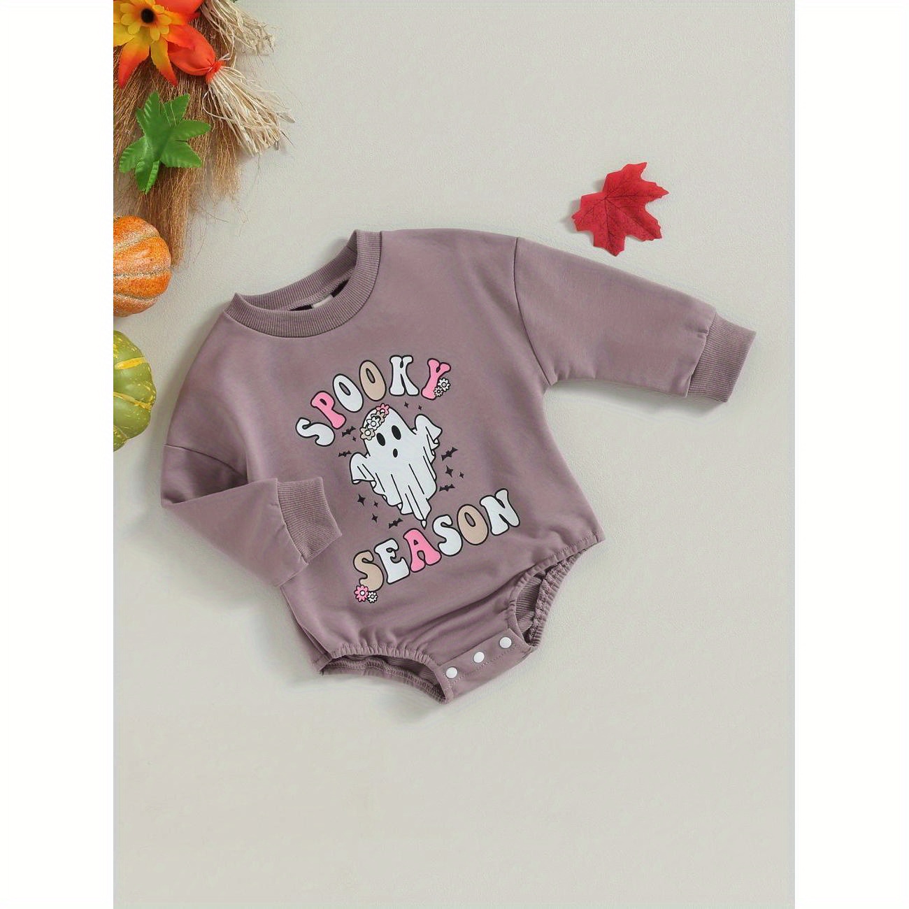 

0-24 Months Infant Baby Girls Spring Autumn Romper, Long Sleeve Crew Neck Letters Ghost Print Bodysuit For Halloween Costume