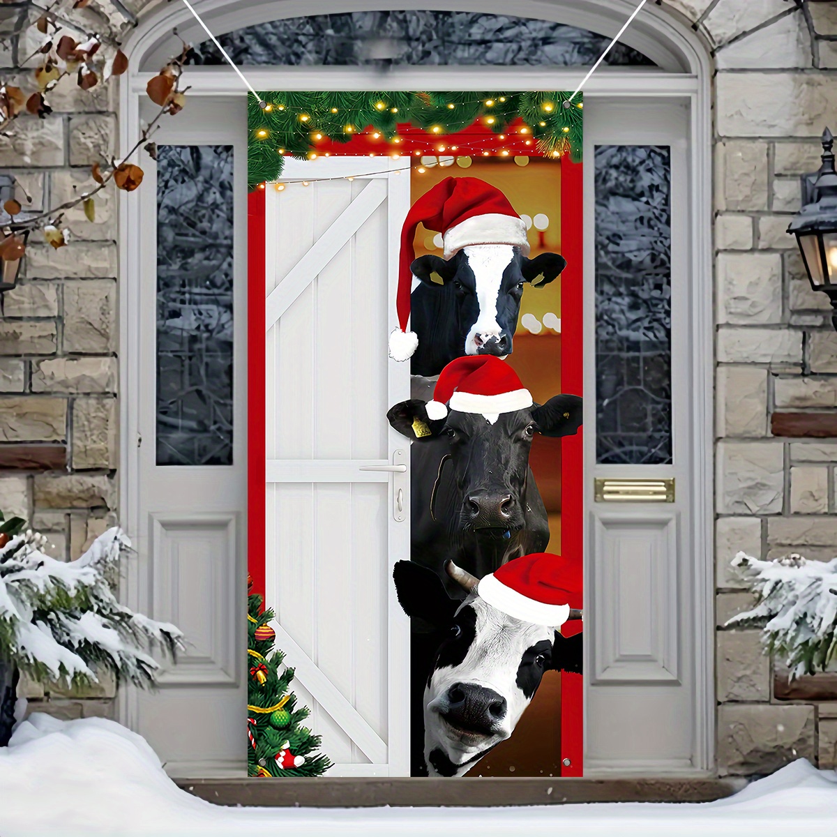 

Christmas Cow Print Door Banner, Holiday Indoor Outdoor Door Cover Decoration, Polyester Fabric, Festive Party Backdrop, No Electricity Needed, General Fit - 1 Piece