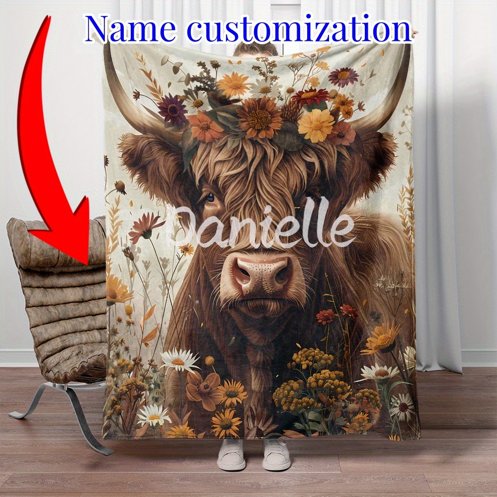 

Custom Name Highland Cow Floral Flannel Throw Blanket - Personalized Soft And Warm Digital Printed Fleece, Lightweight Bed Travel Camping Throw, Polyester, Tear Resistant - 1pc