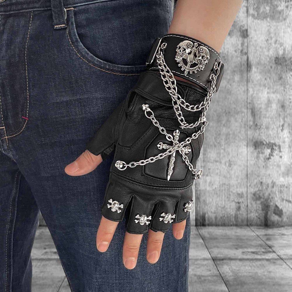 

Black Leather Rock Punk Cosplay Gloves Cross Cool Gloves For Men