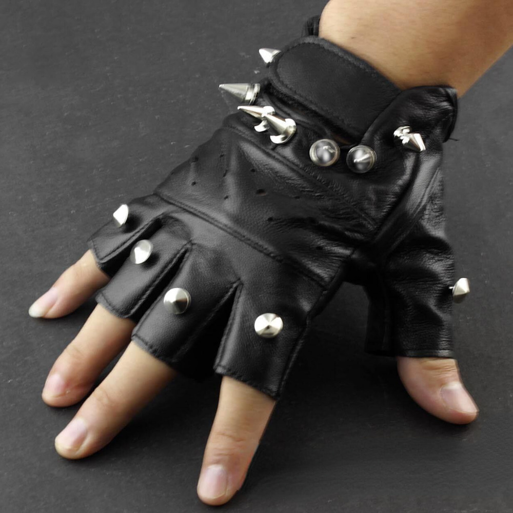 

Genuine Leather Spike Rivet Around Punk Gothic Mens Driving Fingerless Gloves