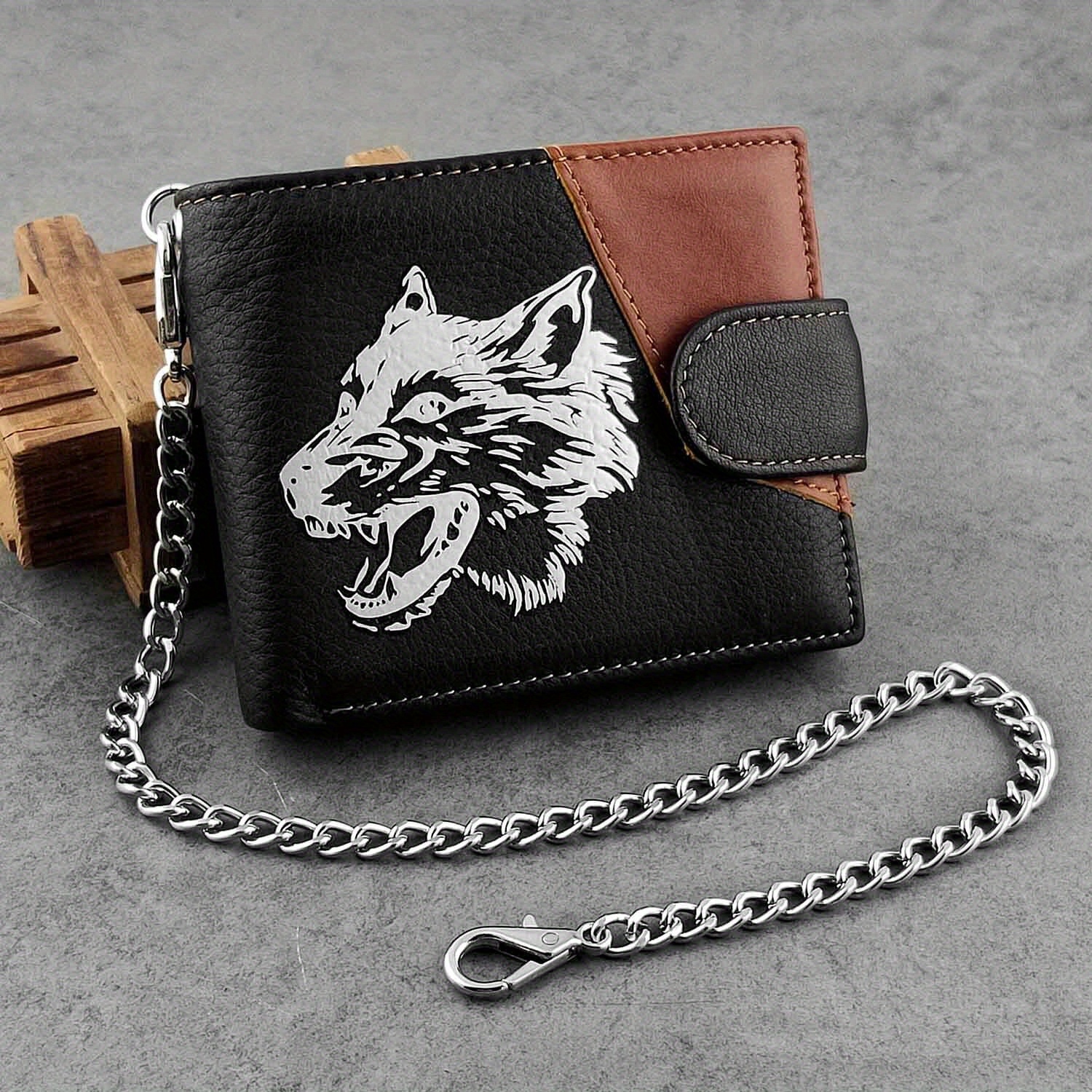 

White Wolf Pattern Design Leather Men's Card Seat Bicycle Long Chain Wallet