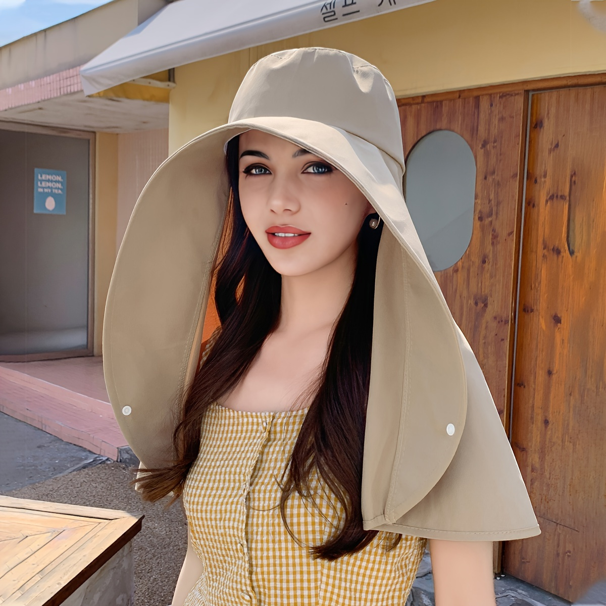 

Elegant Summer Wide Brim Shoulder Wrap Sun Hat, Women's Travel Beach Cap With Sun Protection, Woven Polyester Inelastic Material, Featherless