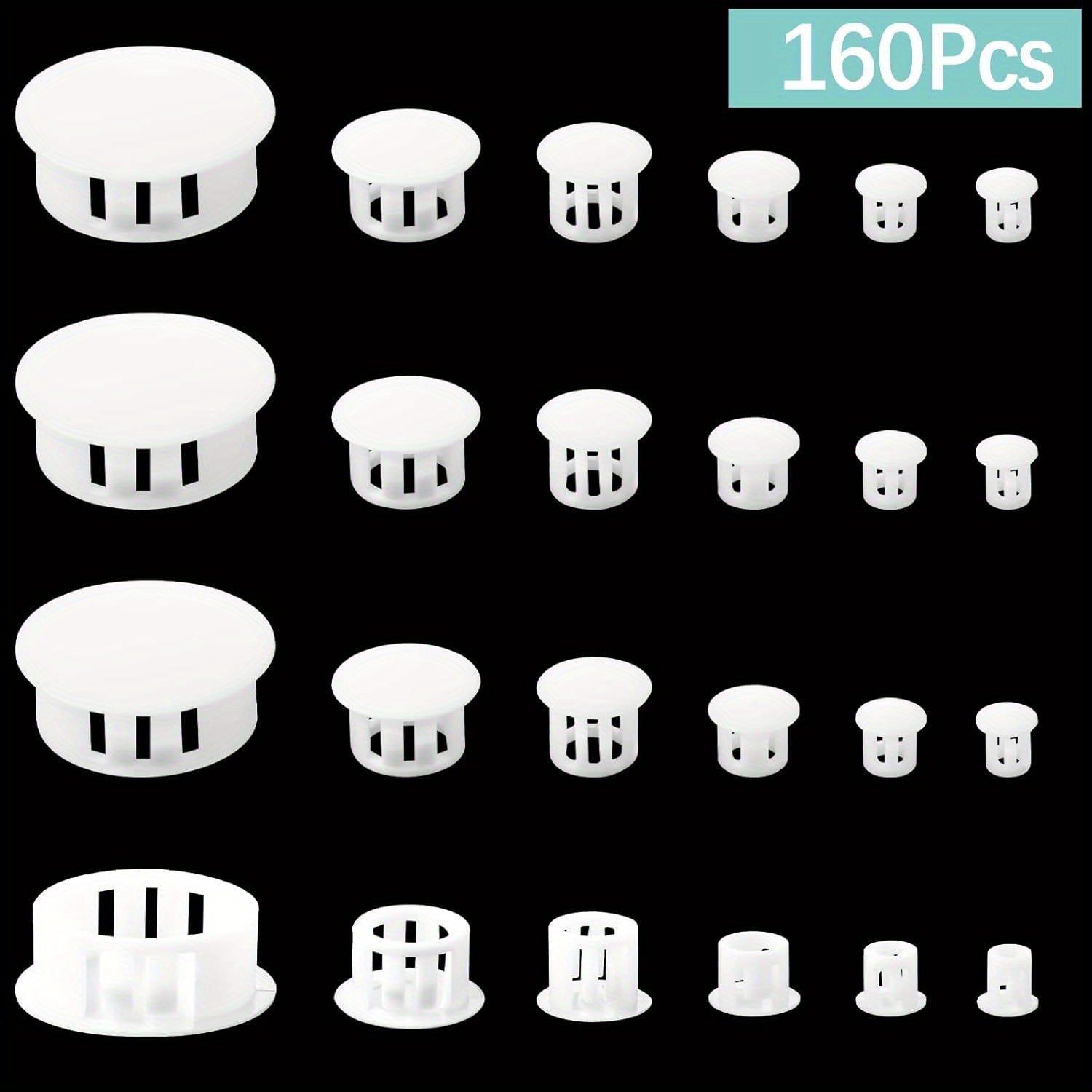 

160pcs White Plastic Hole Plugs Set - Assorted Sizes For Cabinets & Furniture, Screw & Locking Covers, 1/4", 5/16", 3/8", 1/2", 1