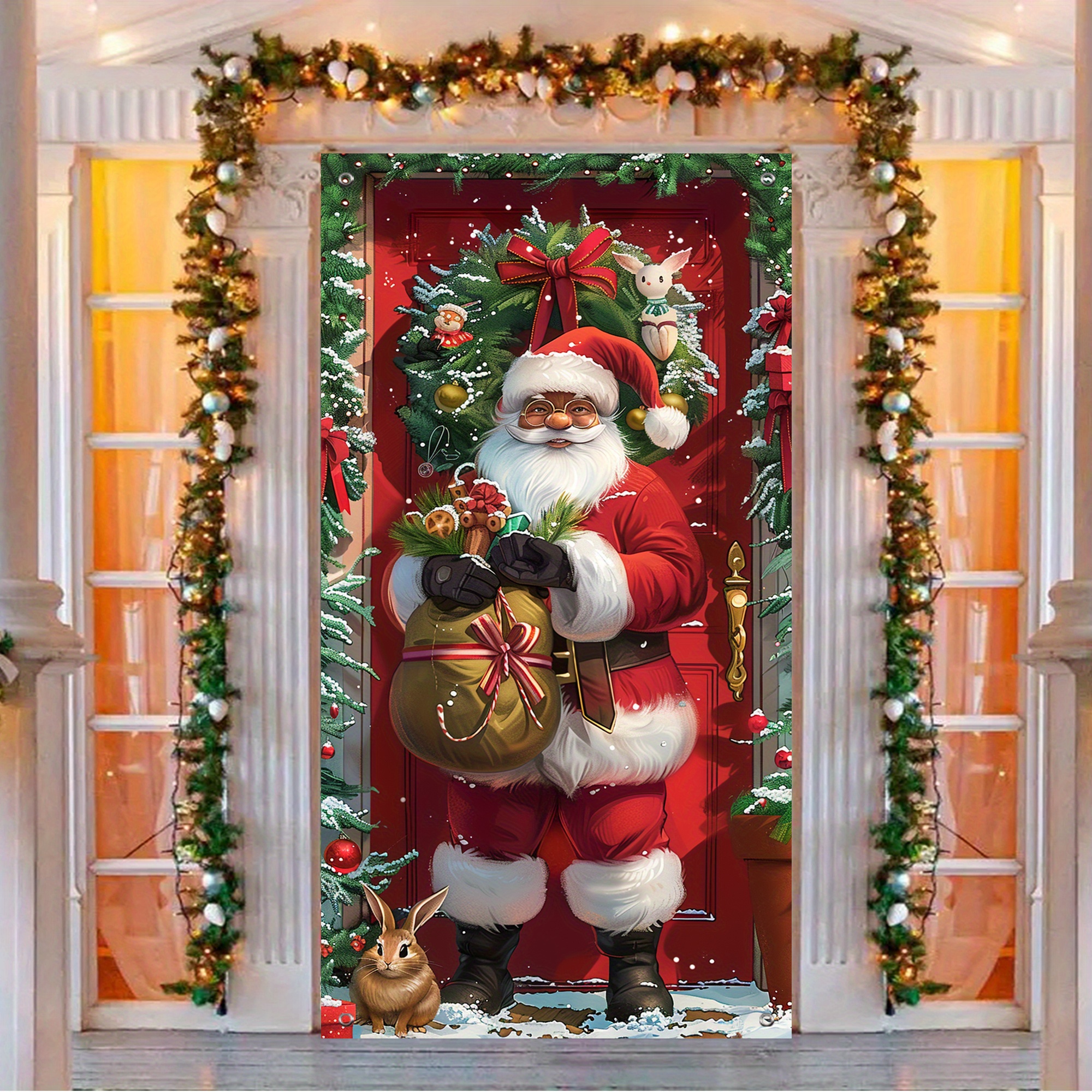 

Festive Christmas Santa With Gifts Door Decoration - 35.4in X 70.8in (90cm X 180cm) - Outdoor Party Decoration - No Power Required - Polyester Material