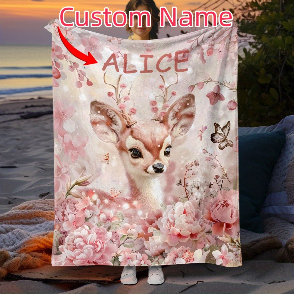 

Personalized Pink Fawn Flannel Throw Blanket - Custom Name, For Couch, Bed, Travel, Camping - Lightweight, Comfort