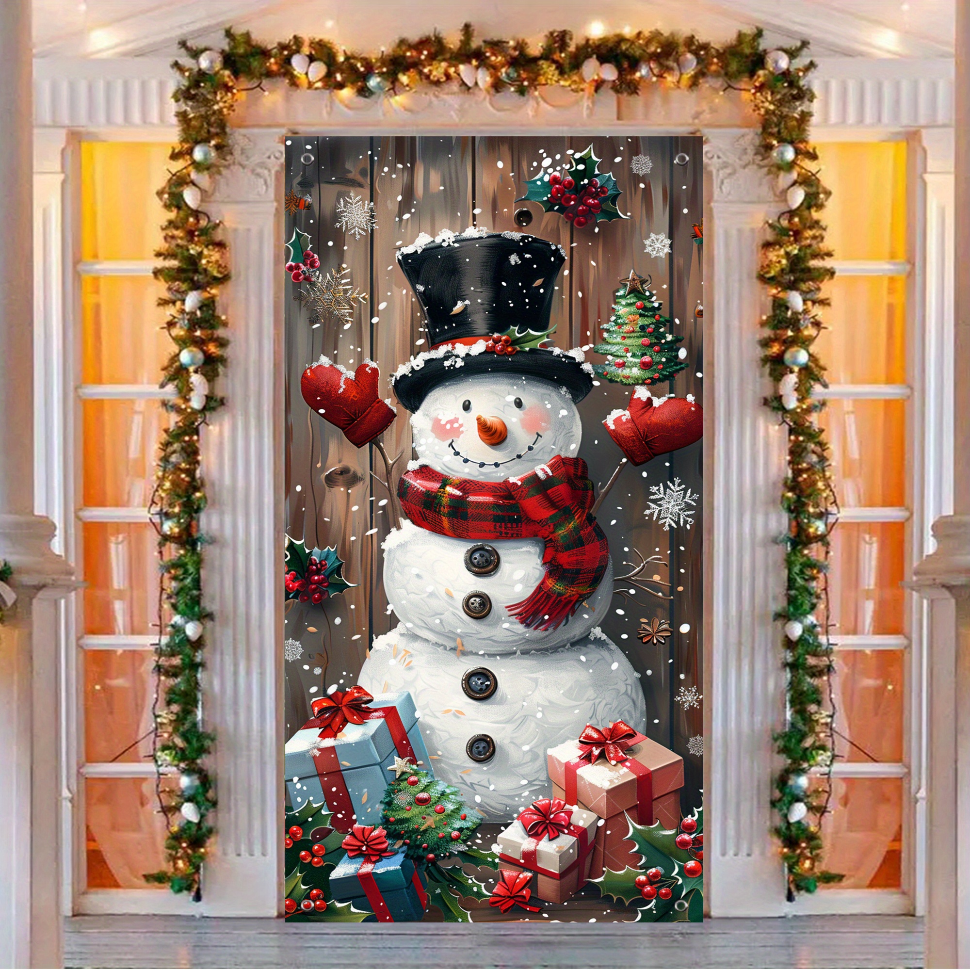 

Festive Christmas Snowman Door Cover: 35.4in X 70.8in (90cm X 180cm) - No Power Required, Durable Polyester Material - Perfect For Indoor And Outdoor Holiday Decorations