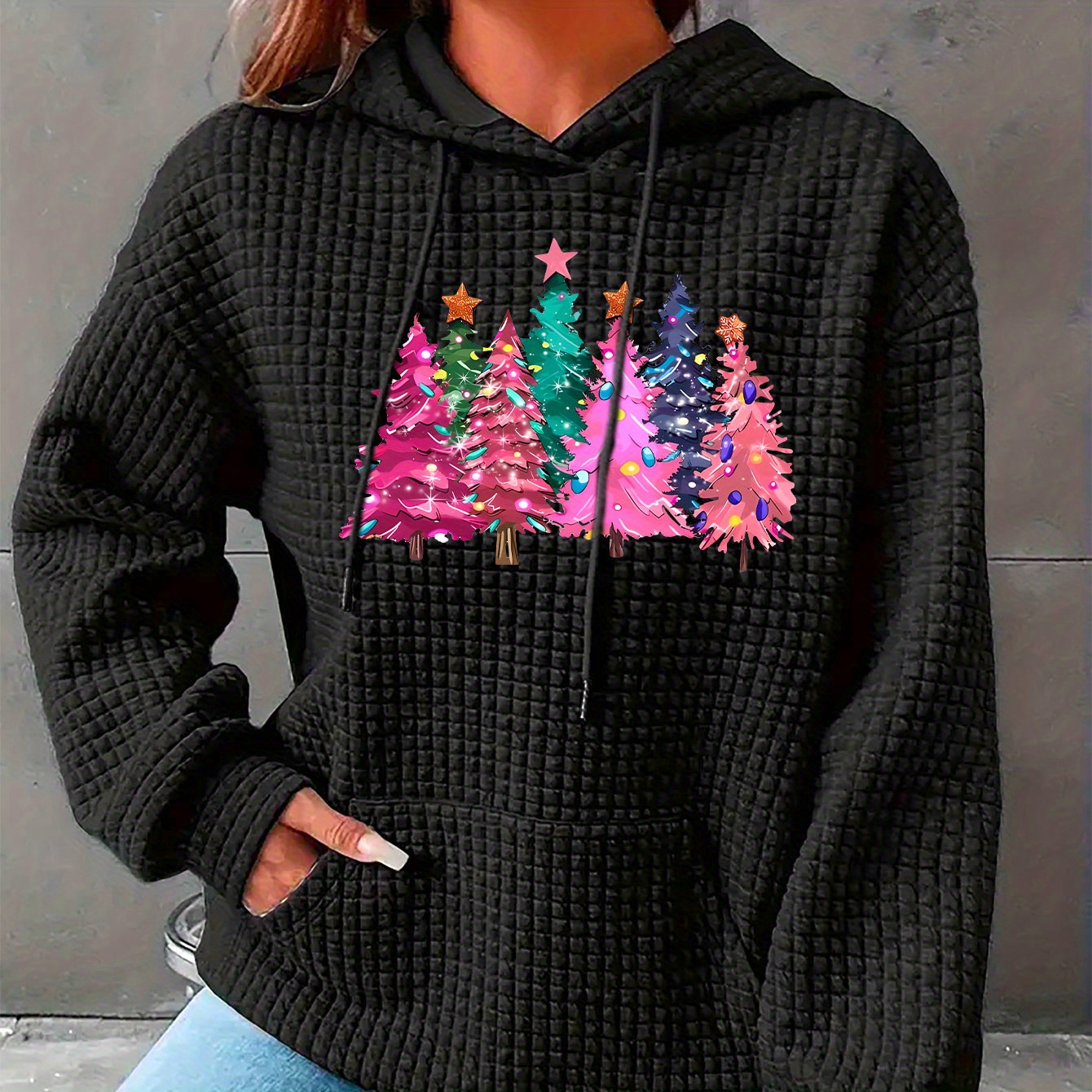 

Casual Christmas Tree Print Waffle Lounge Top For Fall & Winter, Long Sleeve Hooded Drawstring Pullover Sweatshirt With Kangaroo Pockets, Women's Loungewear For Christmas