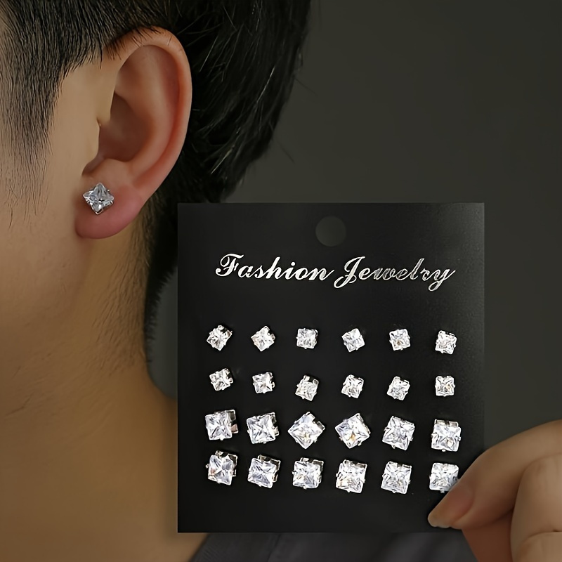 

A Set Of 12 Stylish And Simple Square Zirconia Inlaid Stainless Steel Earrings For Men, Perfect For Festive Banquets And Casual Style Gifts.