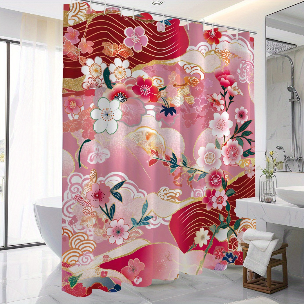 

Sakura Waterproof Shower Curtain With 12 Hooks - Stylish Japanese-inspired Bathroom Decor, Machine Washable Polyester, 71x71 Inches