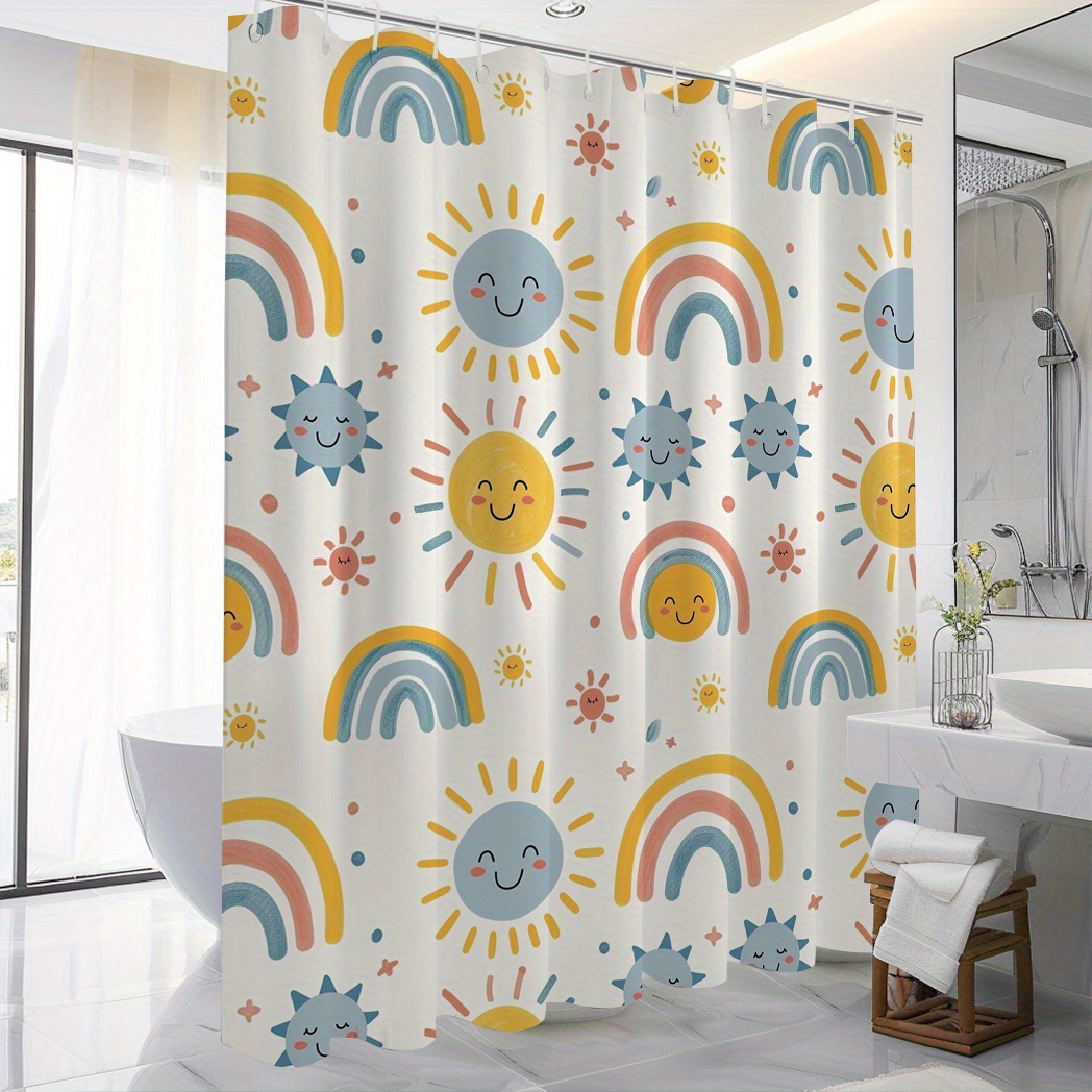 

1pc Shower Curtain - Sun & Printed Pattern, Polyester, 71*71in, Includes 12 , , For Bathroom Decoration / Bathroom Accessories,