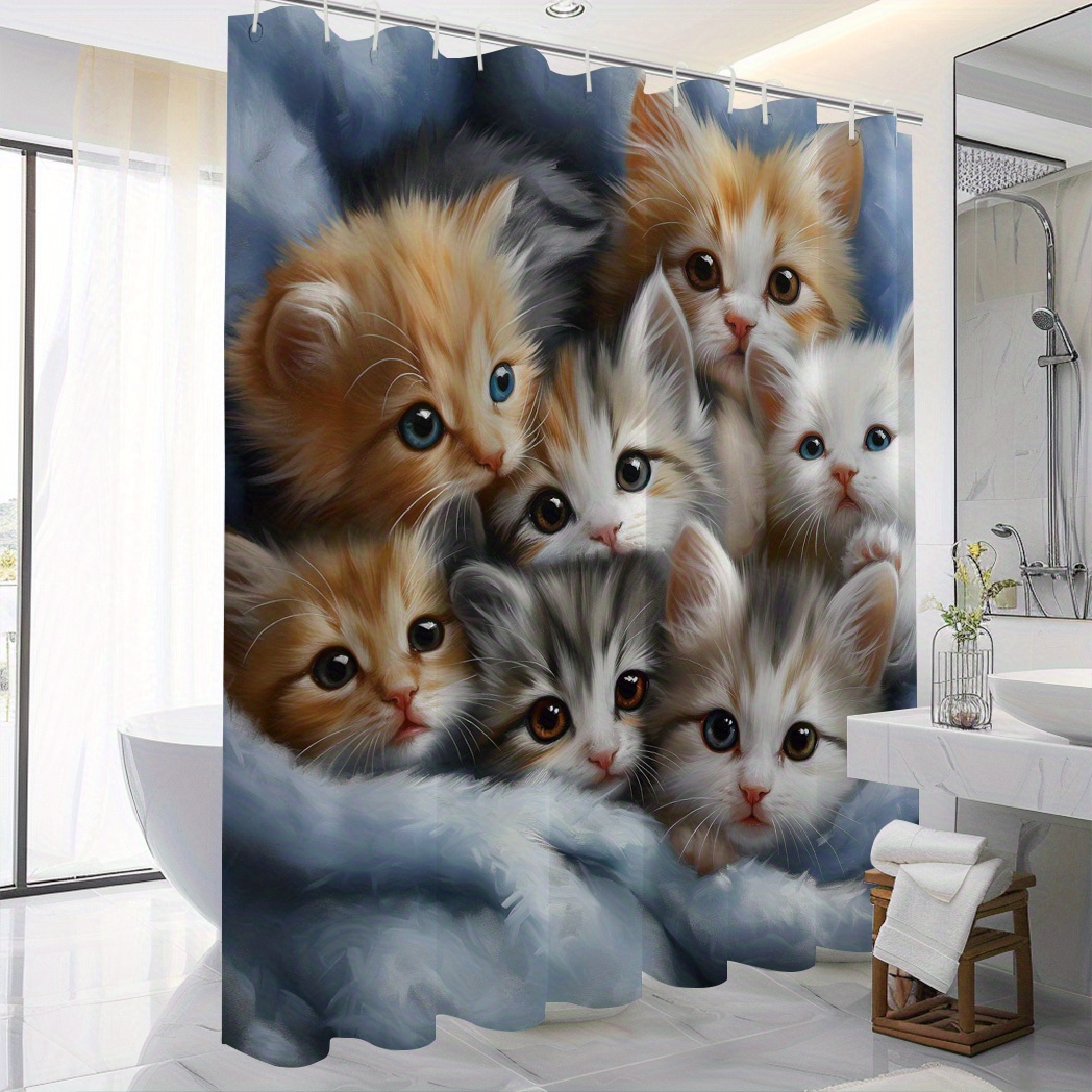 

Cat Element 1pc Cats Printed Pattern, 12 Hooks Printed Polyester Shower Curtain, Waterproof, Bathroom Decoration, Bathroom Accessories, Used As Curtain, 71*71in