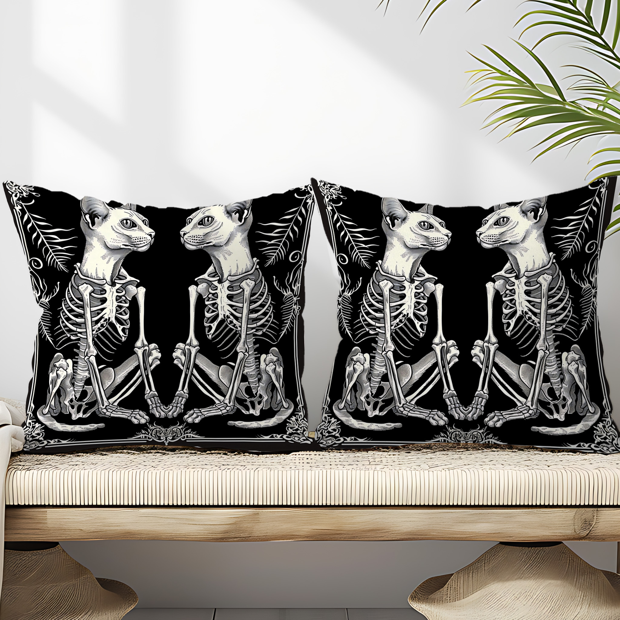 

2-pack Gothic Cat Skeleton Decorative Throw Pillow Covers, 18x18in Contemporary Style Woven Polyester Cushion Cases, Home Decor For Room Types, Hidden Zipper Design, Machine Washable, Black