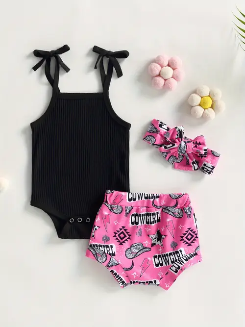 baby girl pants suit casual party sleeveless knitting romper shirt bull animal print shorts headband for outdoor