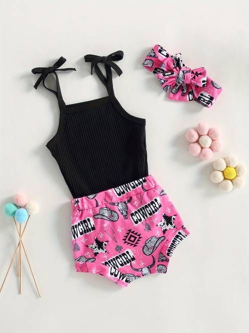baby girl pants suit casual party sleeveless knitting romper shirt bull animal print shorts headband for outdoor