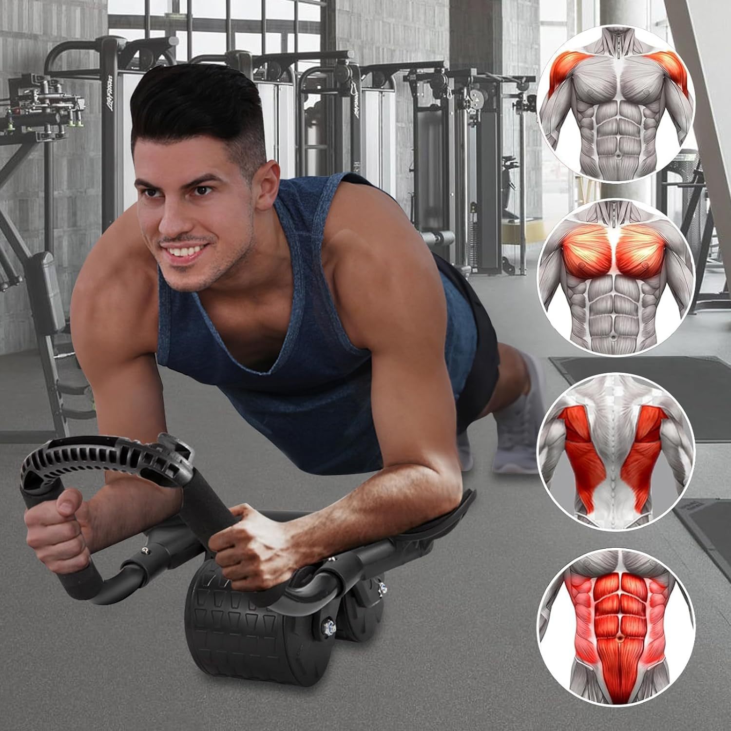 [Automatic Abdominal Roller Equipment] Universal Abdominal Roller with Automatic Rebound, 2-in-1 Core Training Equipment with Elbow Support, Home Fitness Gear, Uncharged, No Battery Required, Durable Silicone, Spandex, PVC Material