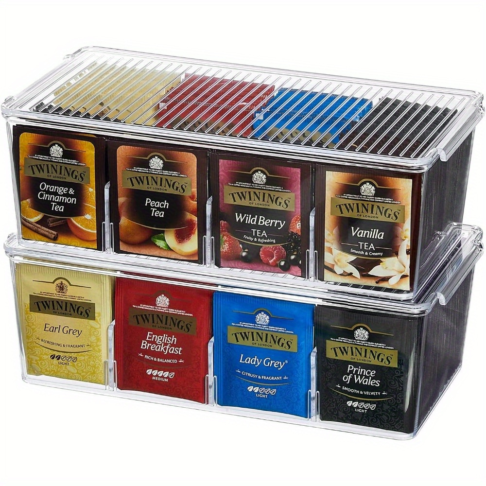 TEMU 2 Pack Plastic Stackable Tea Bag Organizer, Divided Storage Bin Box For Kitchen Cabinets, Countertops, Pantry, Hold Coffee Pods, Sugar Packets, Condiments, 8 Sections