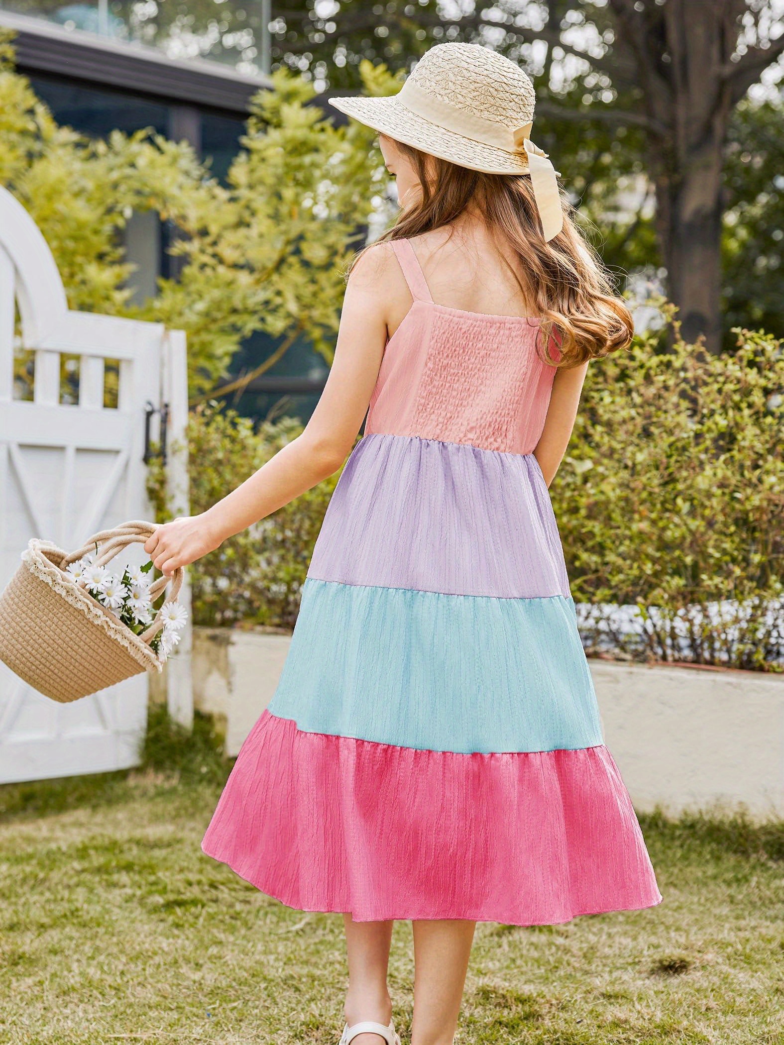 Girls Tank Dress Summer Boho Straps Layered Halter Long Dress with Pockets