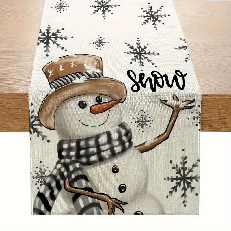 

Christmas Snowman Table Runner With Scarf And Decorations, Polyester, Machine-made, Kitchen Table Holiday Decor, Holiday Decorations