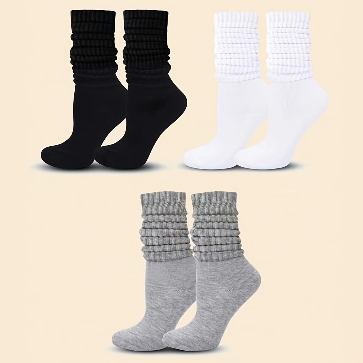 

3 Pairs Of Women's Fashionable Calf Socks Set, Plus Size Solid Color Soft And Breathable Mid Calf Socks 0xl-2xl