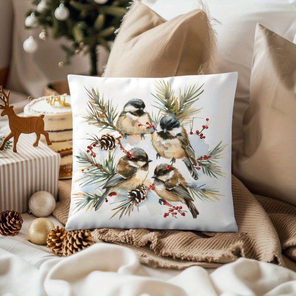 

Watercolor Bird & Cedar Branch Design Plush Pillow Cover 17x17in - Zippered, Machine Washable Polyester Cushion Case For Sofa And Bedroom Decor