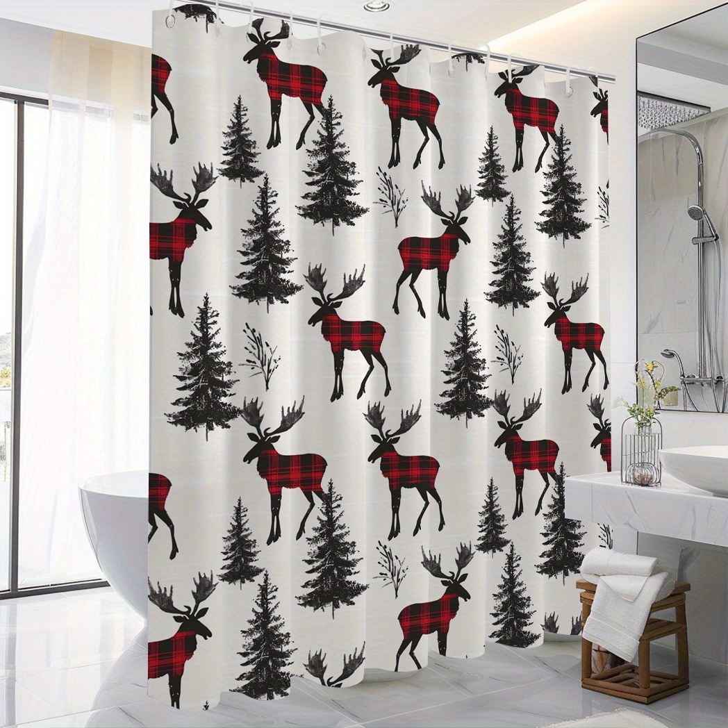 

Christmas Shower Curtain - Polyester Elk & , Includes 12 , - For Bathroom Decor, 71x71