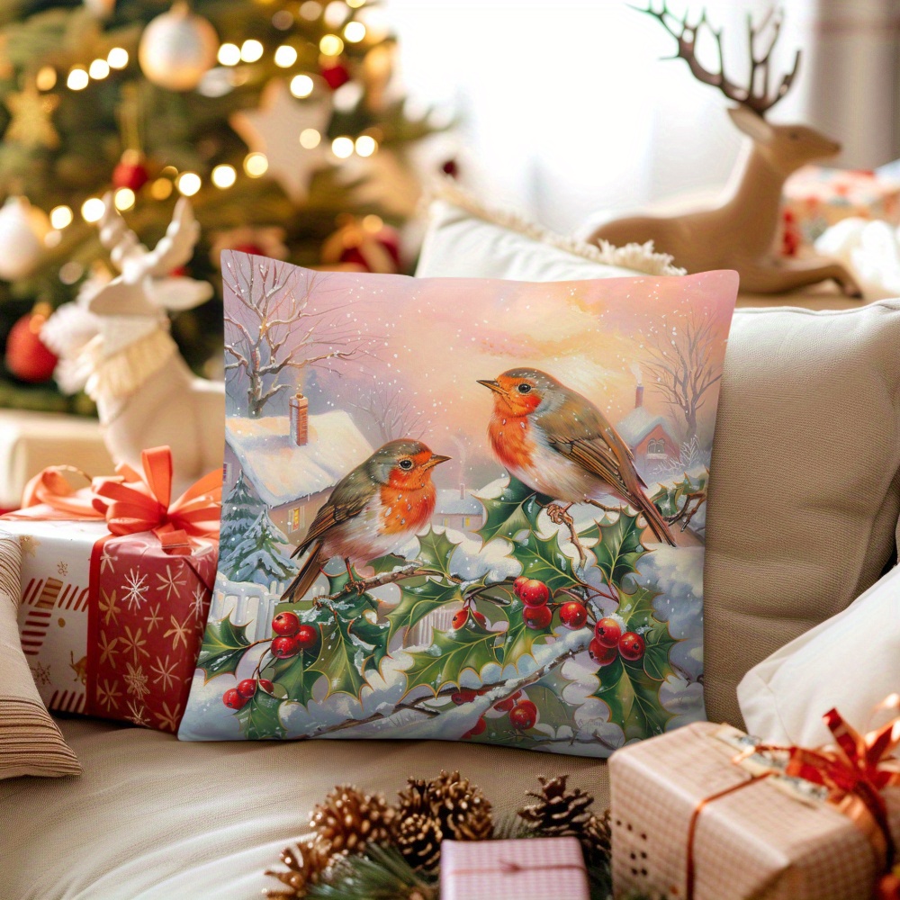 

Contemporary Knit Fabric Throw Pillow Cover 17x17 Polyester - Robin Bird & Holly Branch Design With Zipper Closure, Machine Washable, Single-sided Christmas Cushion Cover For Various Rooms - 1pc