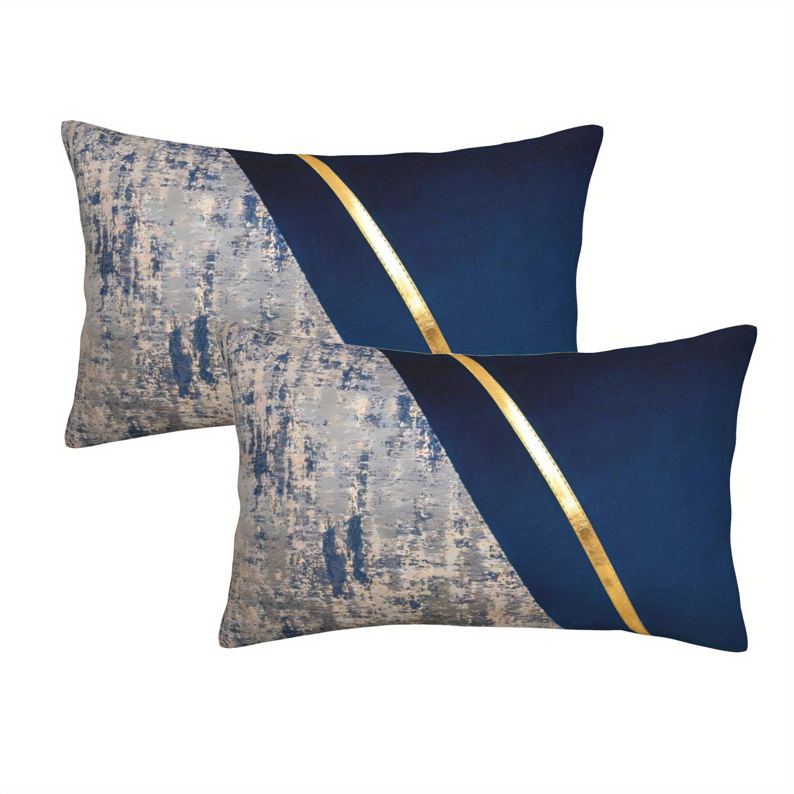 

2pcs Luxury Short Plush Throw Pillow Covers In Navy Blue, Beige & Golden - Modern Lumbar Cushion Cases For Sofa & Bedroom Decor, 12x20 Inch, Zip Closure, Hand Wash Only (pillow Not Included)