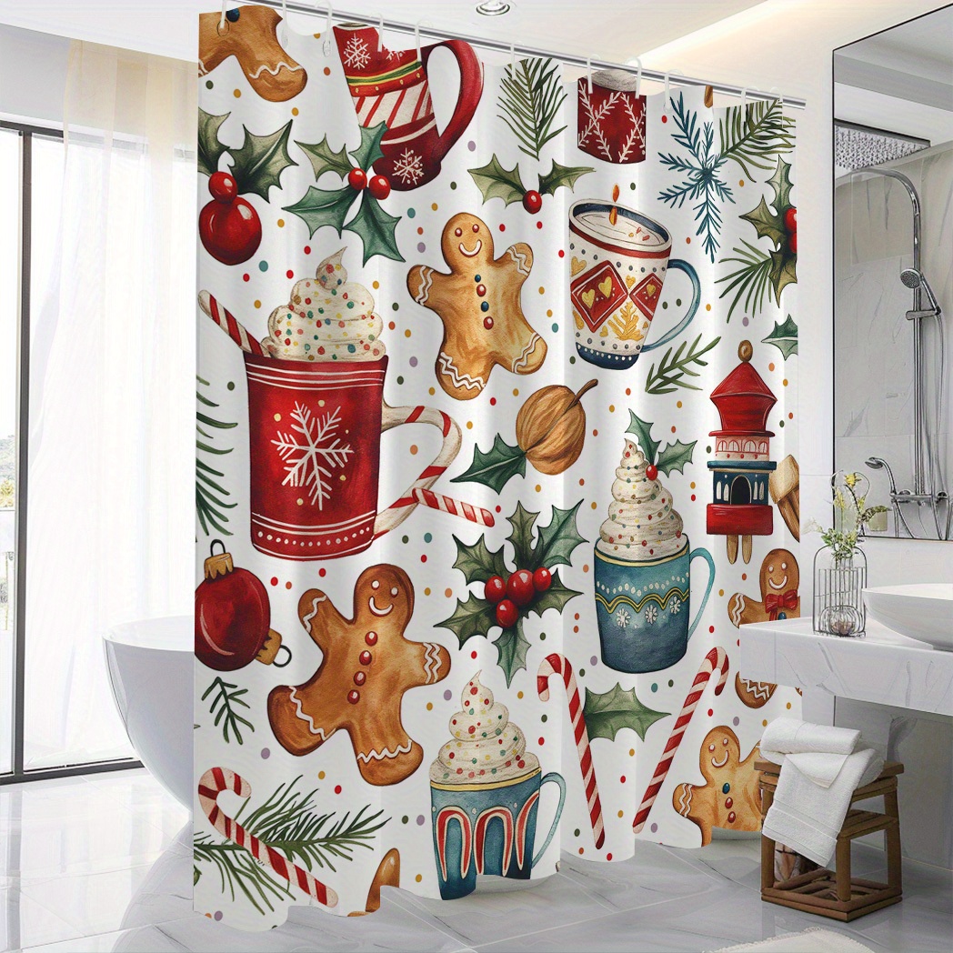 

Christmas Holiday Shower Curtain With Gingerbread Men And Festive Elements, Knit Fabric Polyester, Water-resistant Bathroom Decor With 12 Free Hooks, Machine Washable, 71x71 Inches