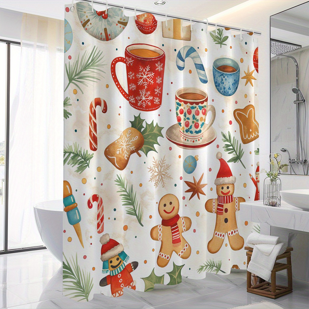 

Christmas Cheer Shower Curtain - Waterproof Polyester With Holly, Coffee & Gingerbread Design, Includes 12 Hooks, Machine Washable, Perfect For Bathroom Decor, 71x71 Inches